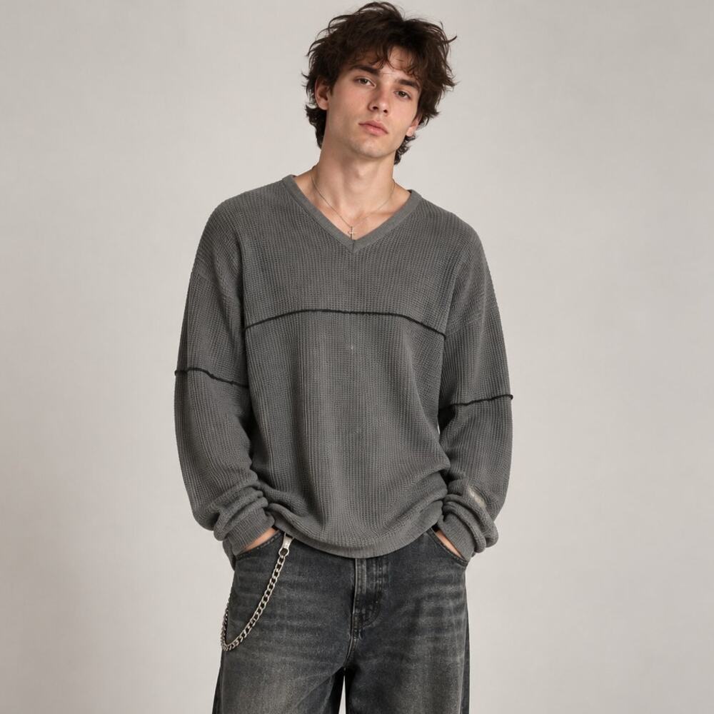 Men's Vintage 90s Grunge Varsity Stripe Sweater V-Neck XL Gray Black Relaxed Y2K